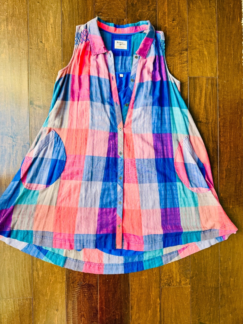 Anthropologie Holding Horses Vibrant Plaid Sleeveless Button-Front Tunic Dress